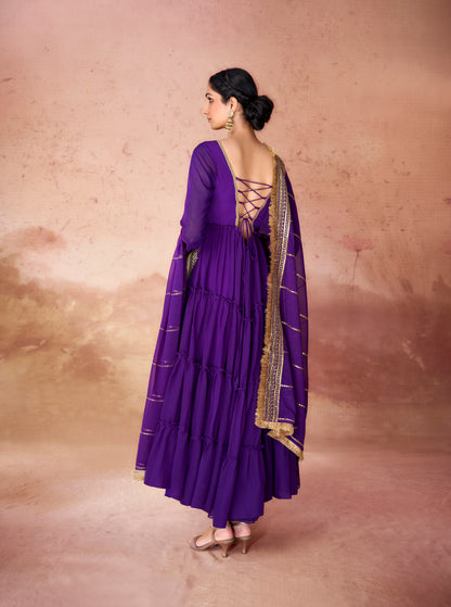 Violet Georgette Readymade Anarkali Long Gown With Dupatta