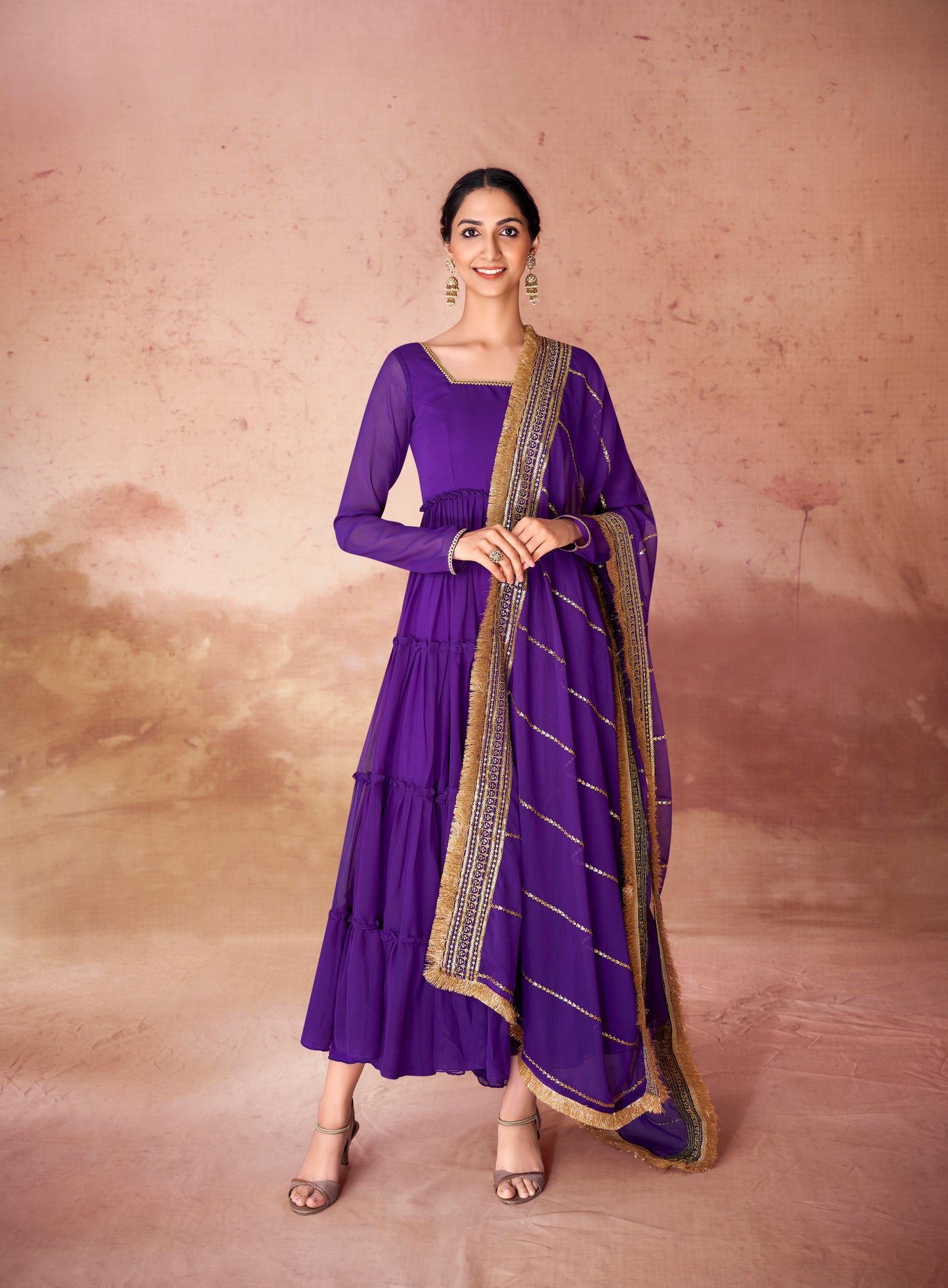 Violet Georgette Readymade Anarkali Long Gown With Dupatta