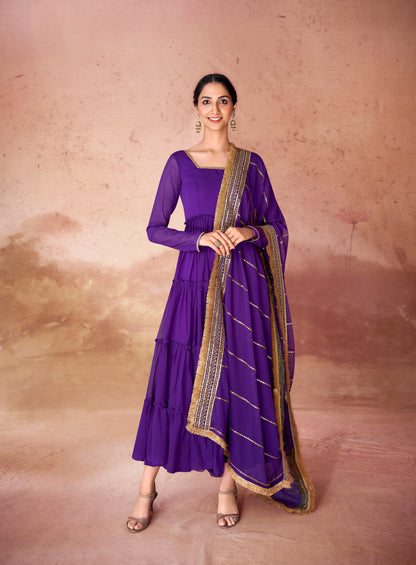 Violet Georgette Readymade Anarkali Long Gown With Dupatta