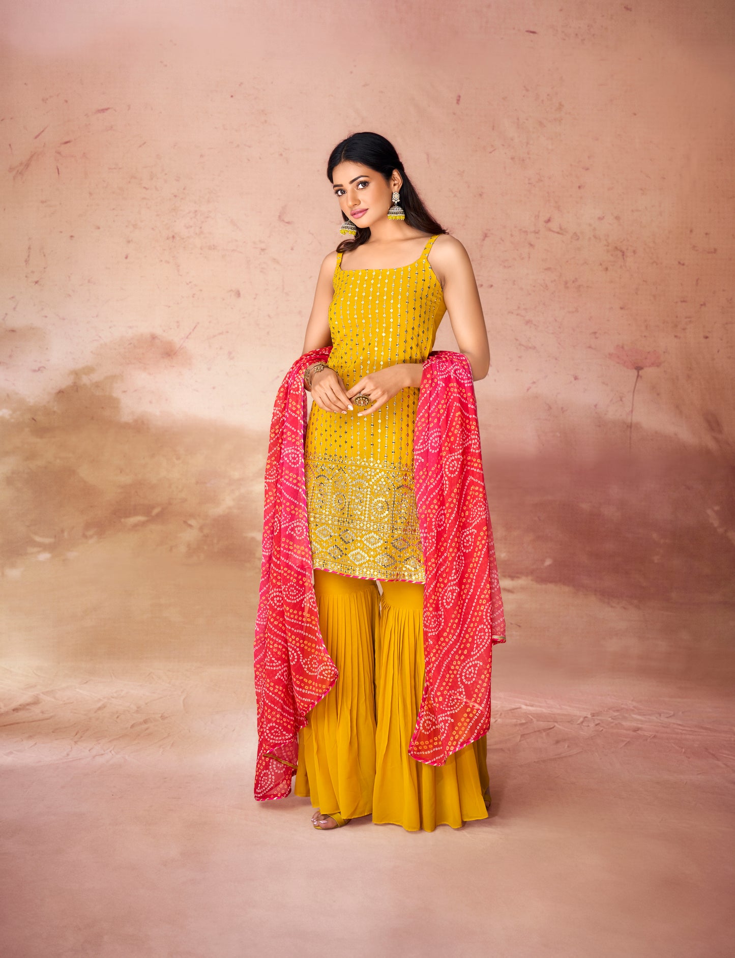 Mustard Georgette Readymade Sharara Suit With Dupatta