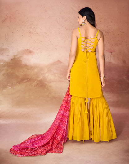 Mustard Georgette Readymade Sharara Suit With Dupatta