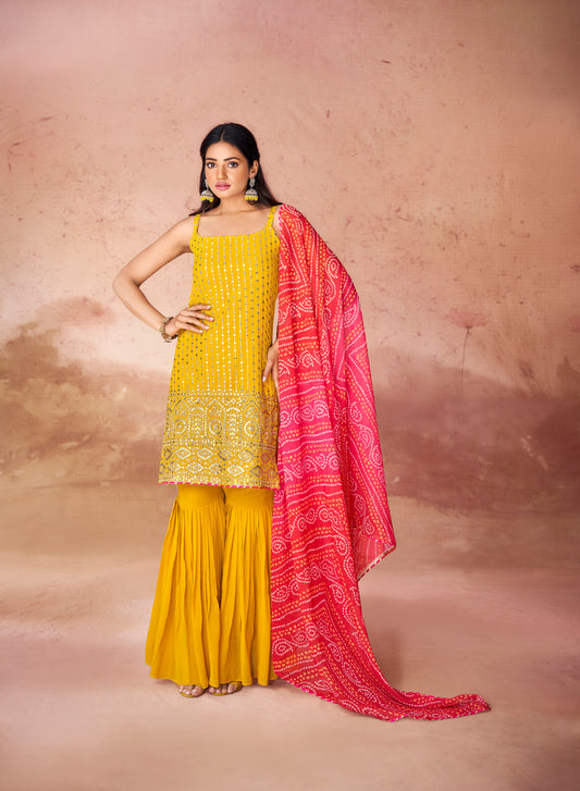 Mustard Georgette Readymade Sharara Suit With Dupatta