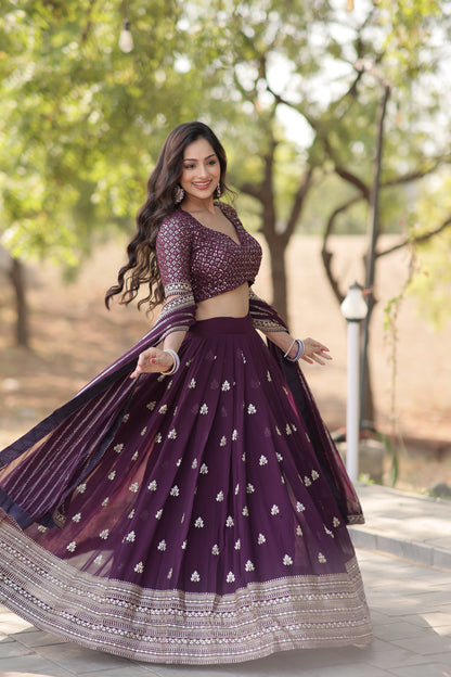 Fabulous Dark Wine Party Wear Sequins Lehenga Choli