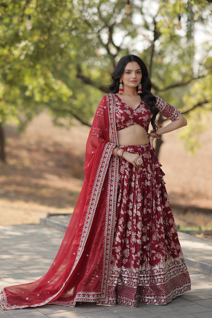 Maroon Viscose Jacquard Circular Lehenga Choli