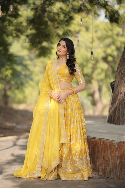 Yellow Viscose Jacquard Circular Lehenga Choli