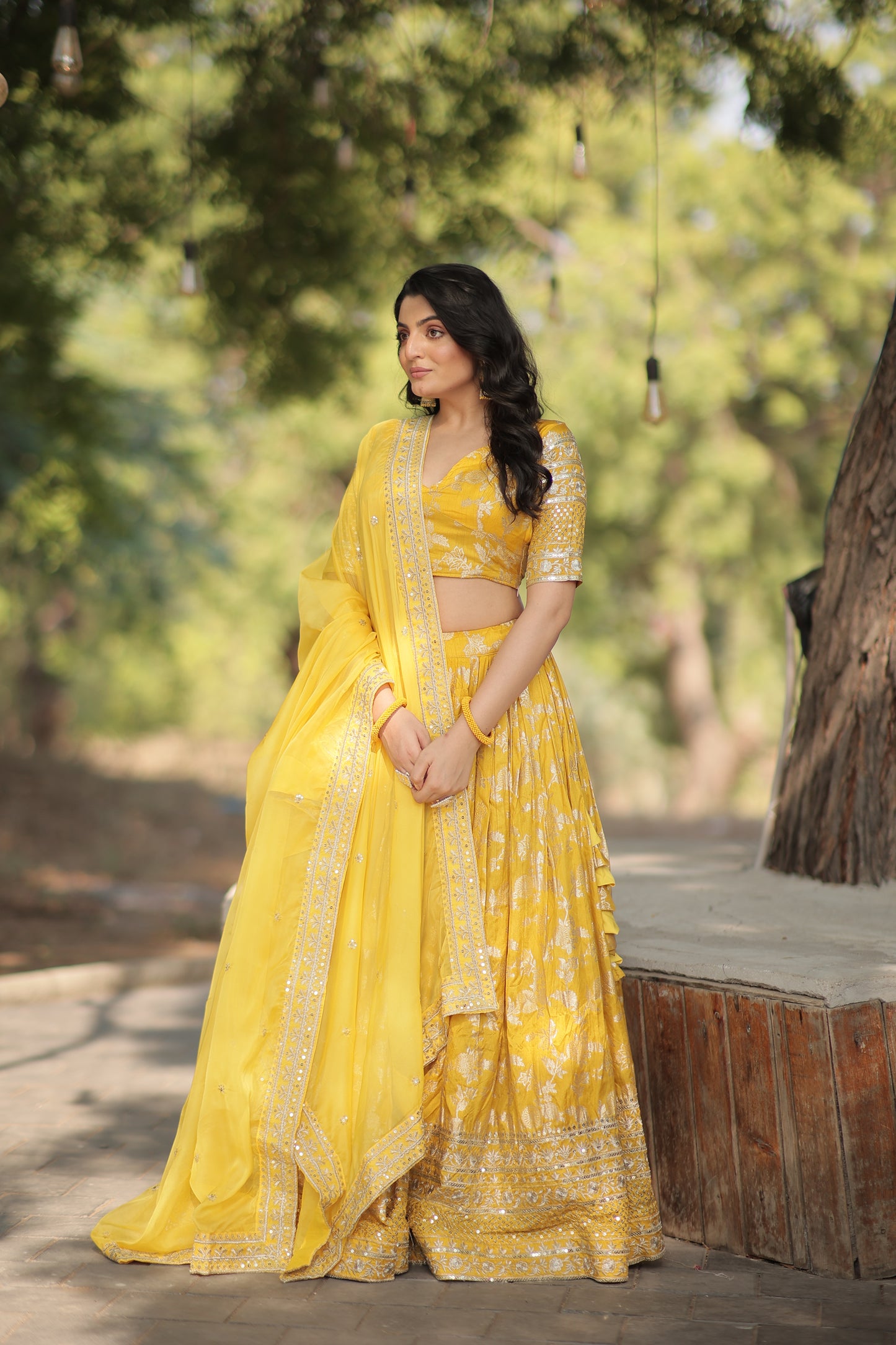 Yellow Viscose Jacquard Circular Lehenga Choli