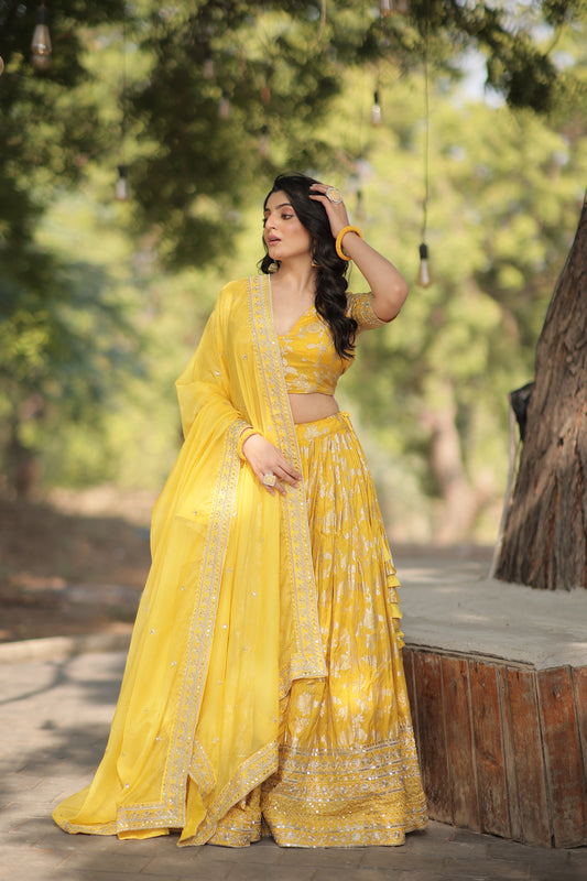 Yellow Viscose Jacquard Circular Lehenga Choli