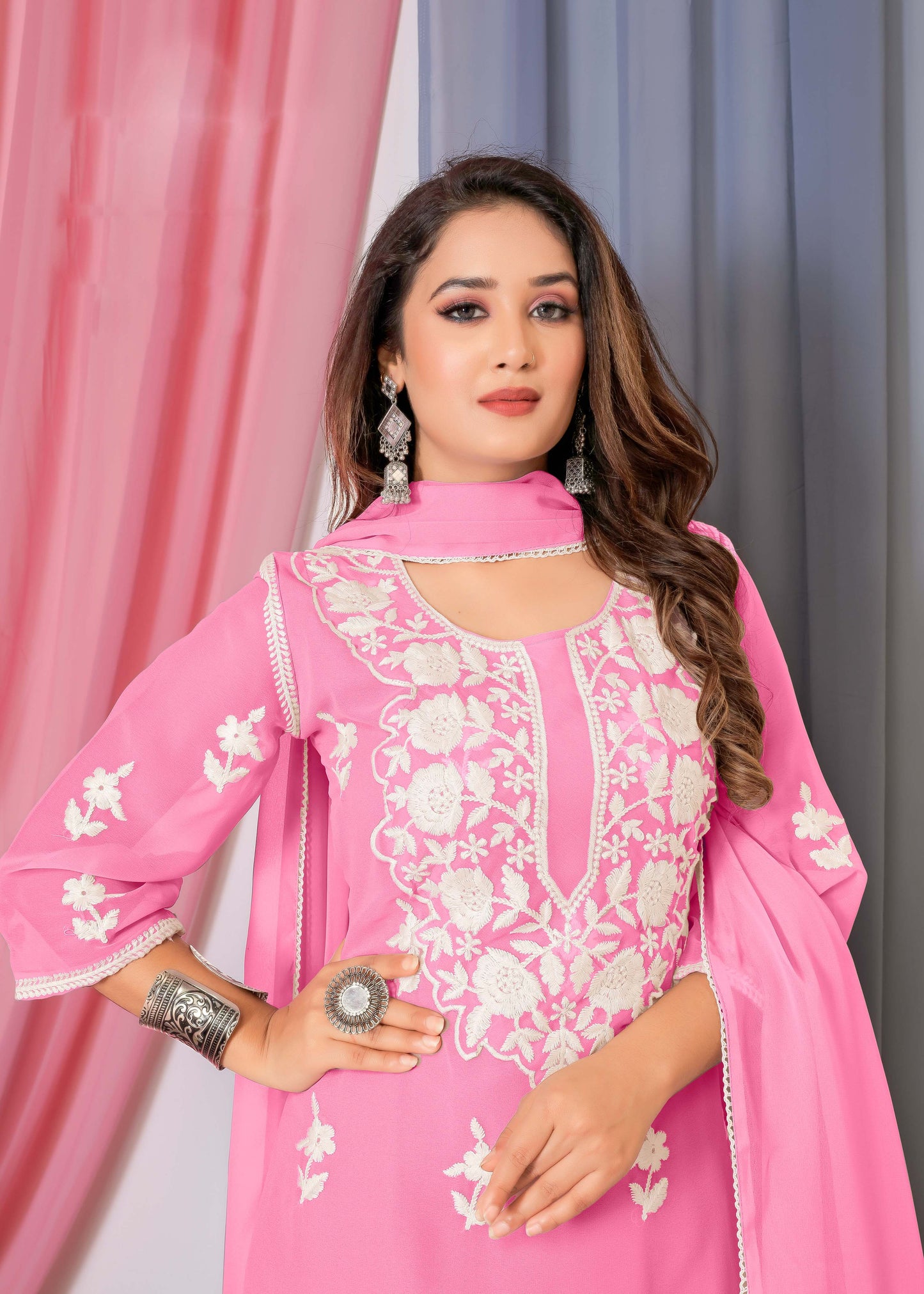 Embroidered Georgette Pakistani Suit in Rose Pink