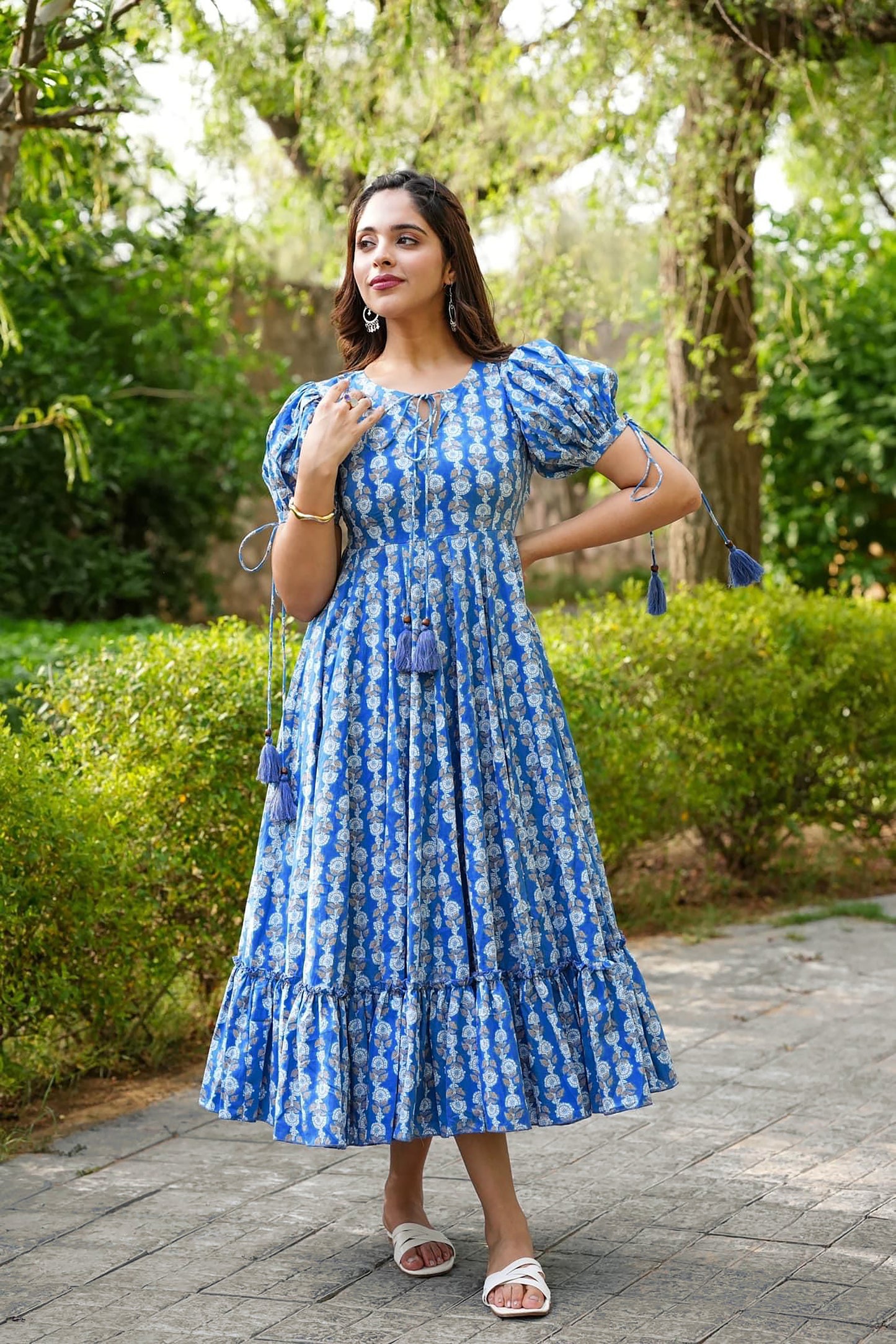 Blue Rayon Printed Flared Dress