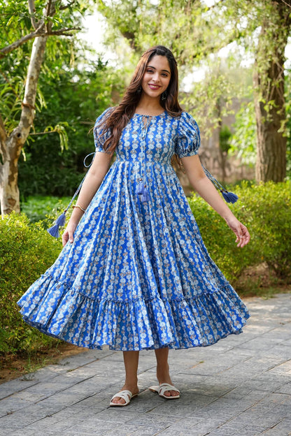 Blue Rayon Printed Flared Dress