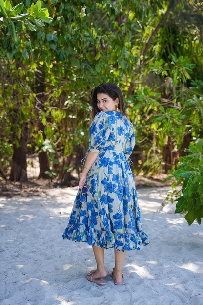 Blue Rayon Floral Printed Flared Dress