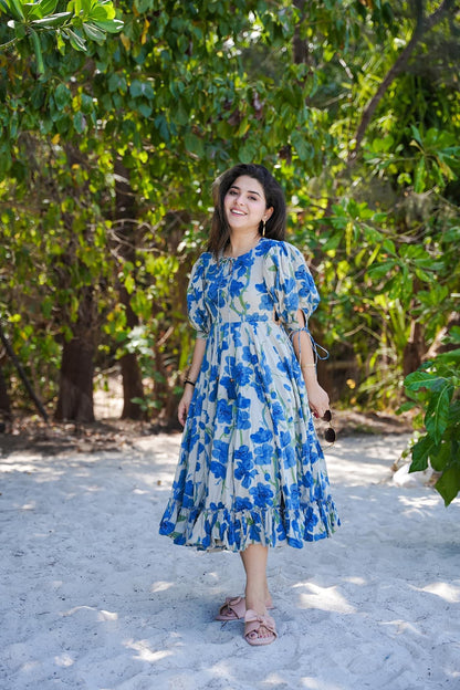 Blue Rayon Floral Printed Flared Dress