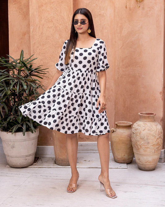 White Rayon Printed Flared Dress