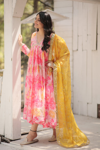 Digital Print Alia Cut Embroidered Gown With Dupatta