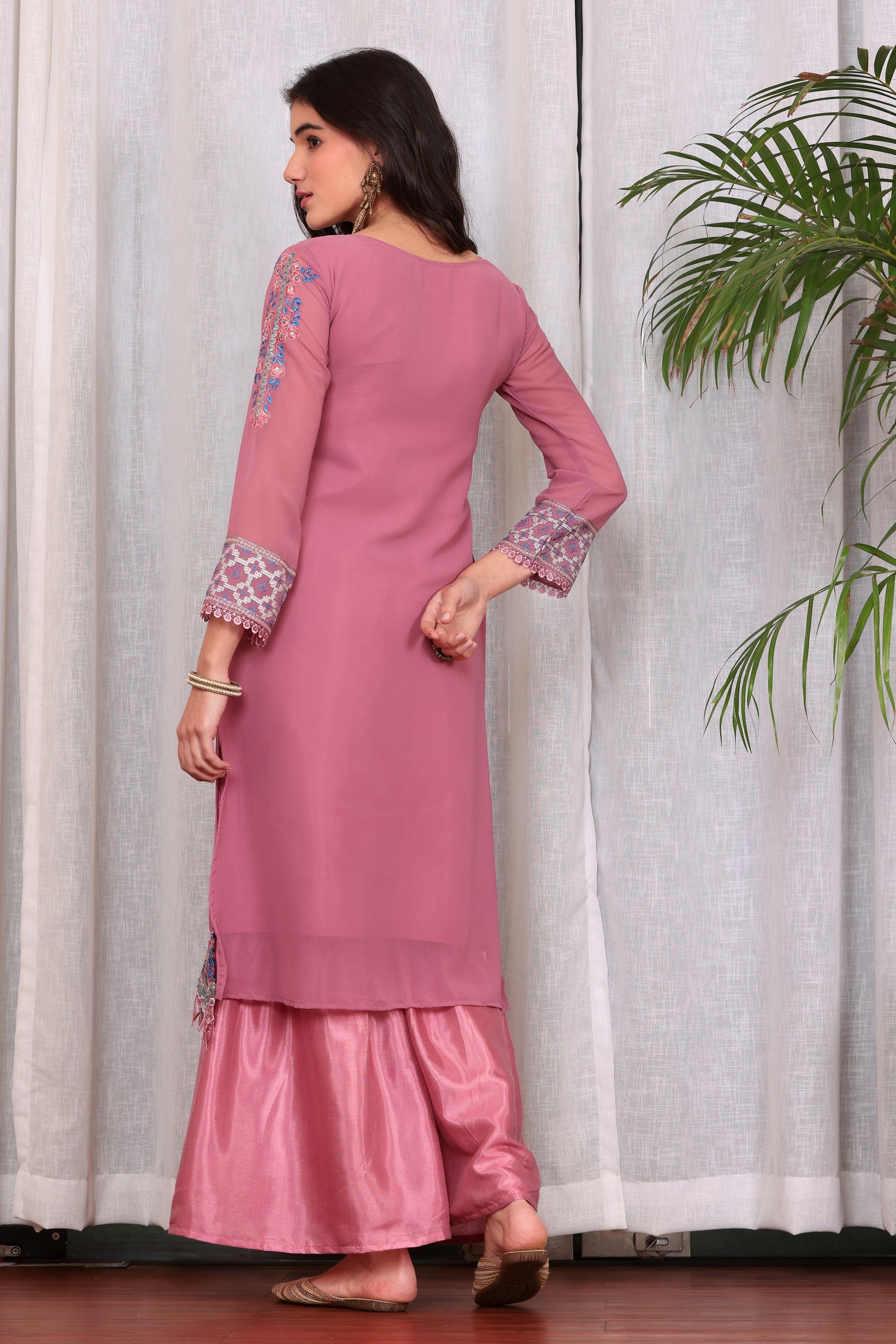 Pink Georgette Embroidered Pakistani Trouser Suit