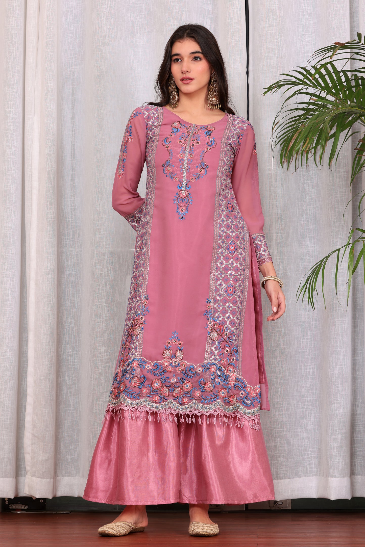 Pink Georgette Embroidered Pakistani Trouser Suit