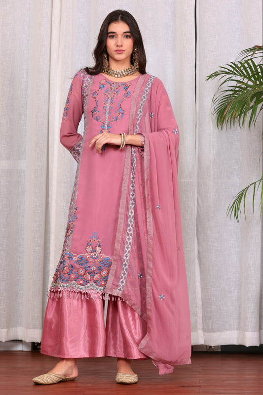 Pink Georgette Embroidered Pakistani Trouser Suit