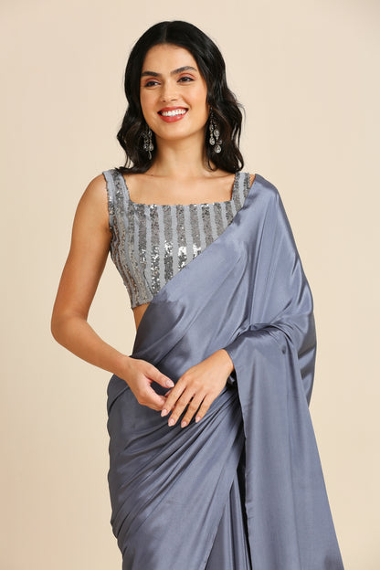 Party Wear Saree with Sequins Blouse - Grey & Sky