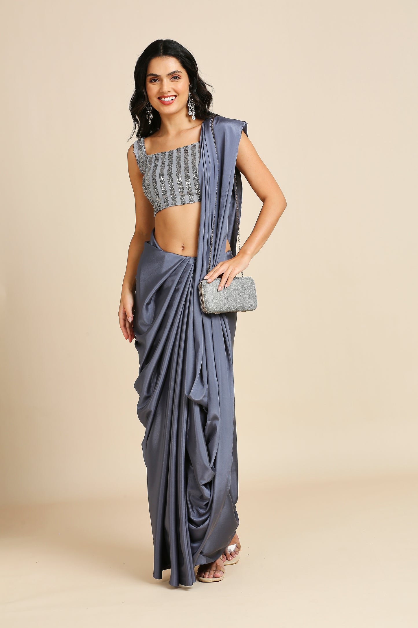 Party Wear Saree with Sequins Blouse - Grey & Sky