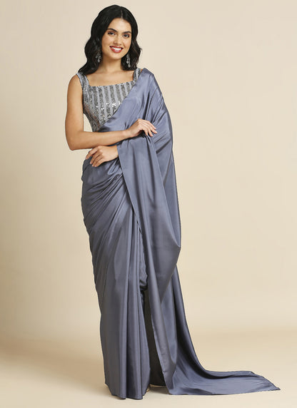 Party Wear Saree with Sequins Blouse - Grey & Sky