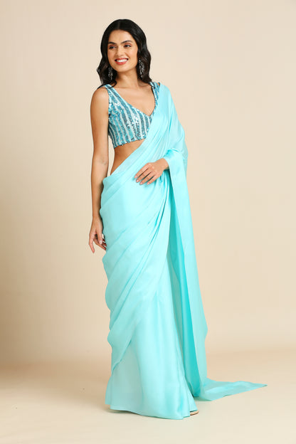 Party Wear Saree with Sequins Blouse - Grey & Sky