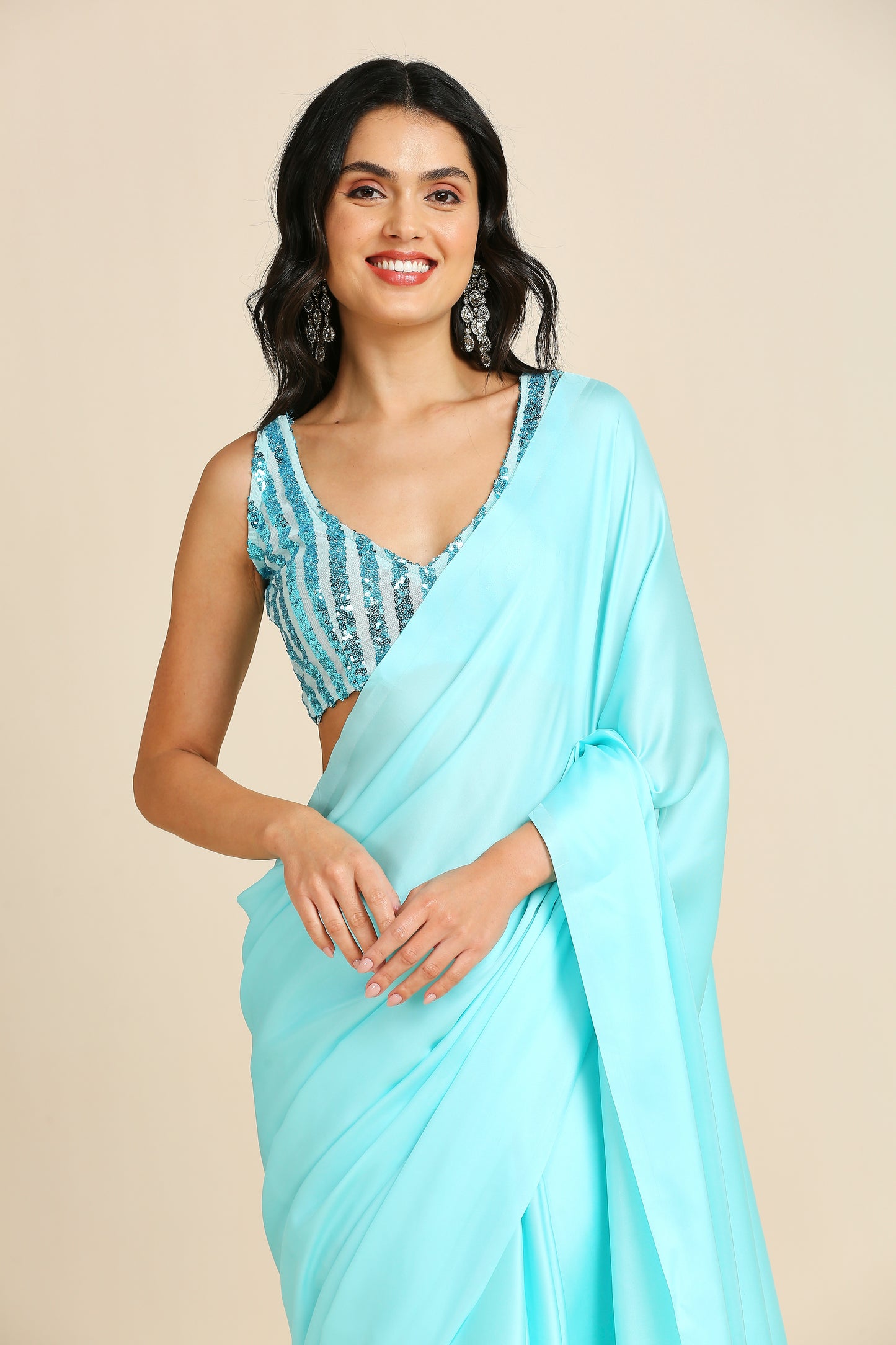 Party Wear Saree with Sequins Blouse - Grey & Sky