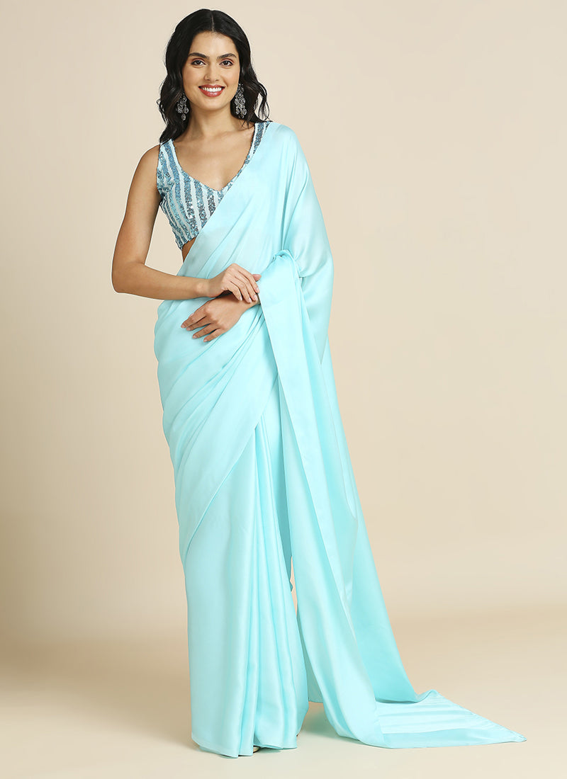 Party Wear Saree with Sequins Blouse - Grey & Sky