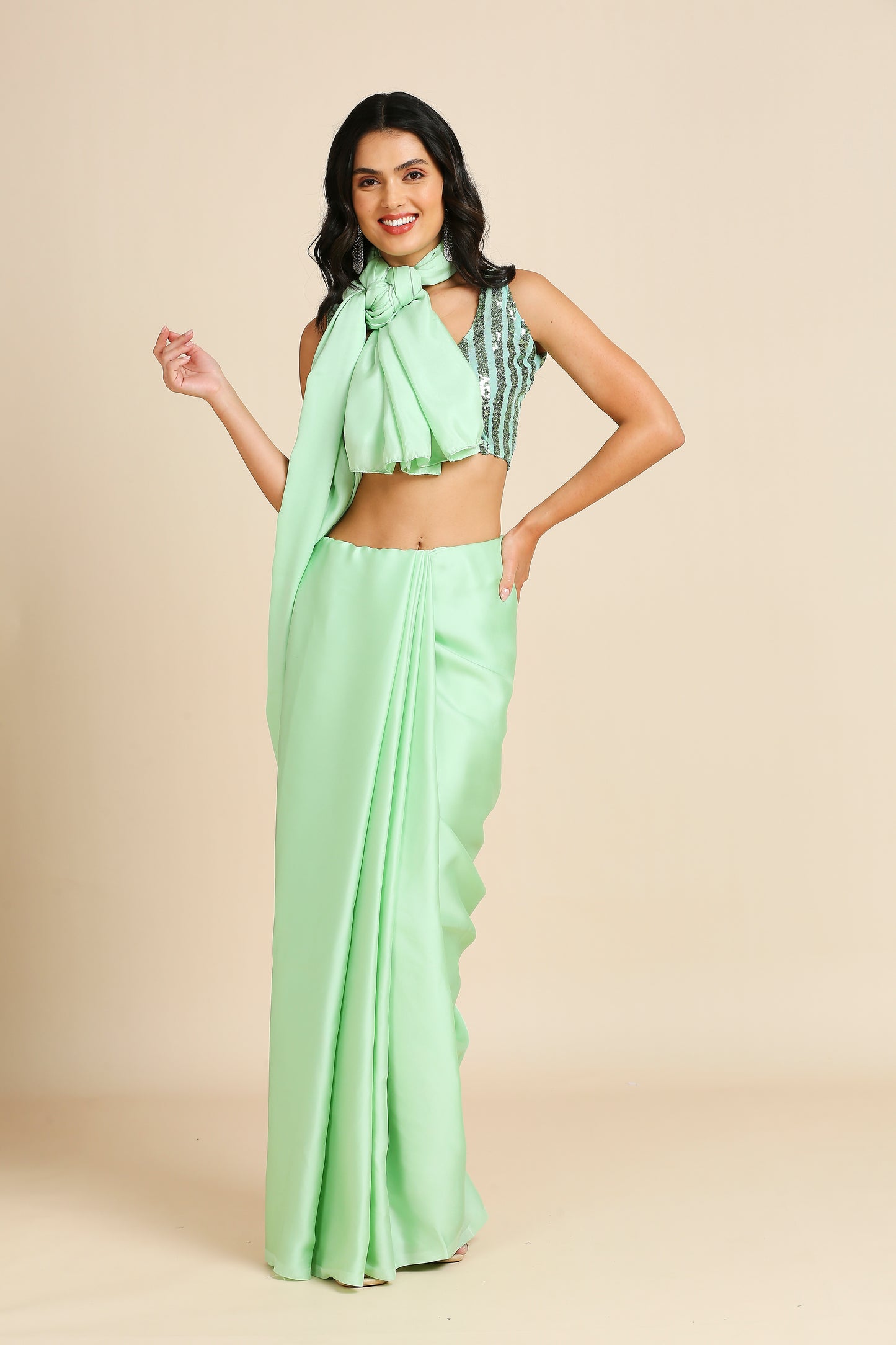 Party Wear Saree with Sequins Blouse-Green & Wine