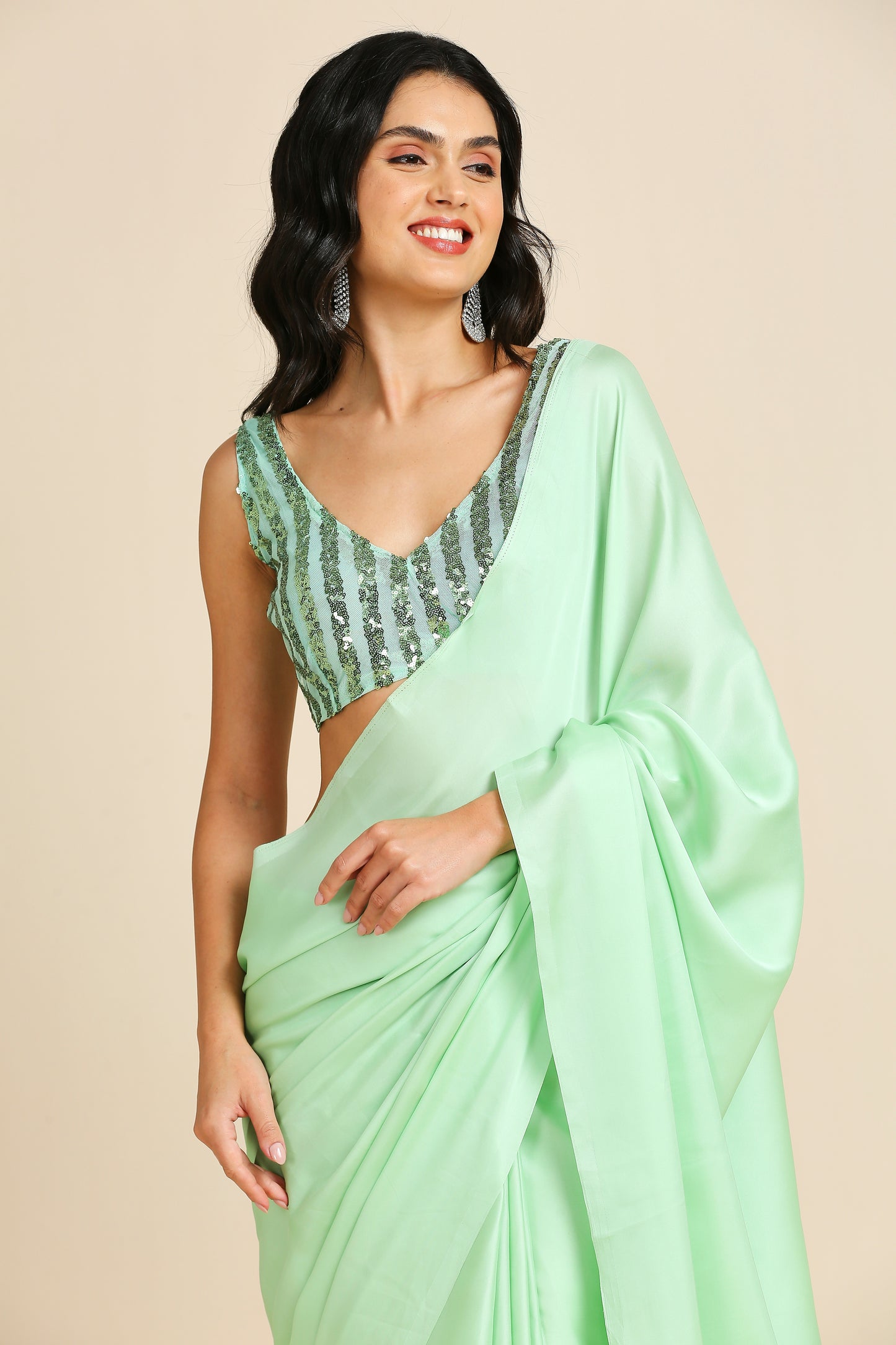 Party Wear Saree with Sequins Blouse-Green & Wine