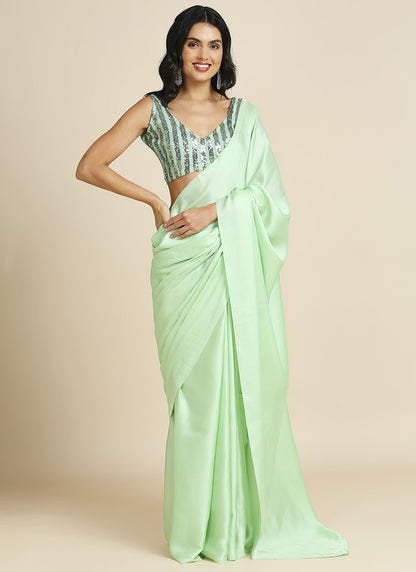 Party Wear Saree with Sequins Blouse-Green & Wine