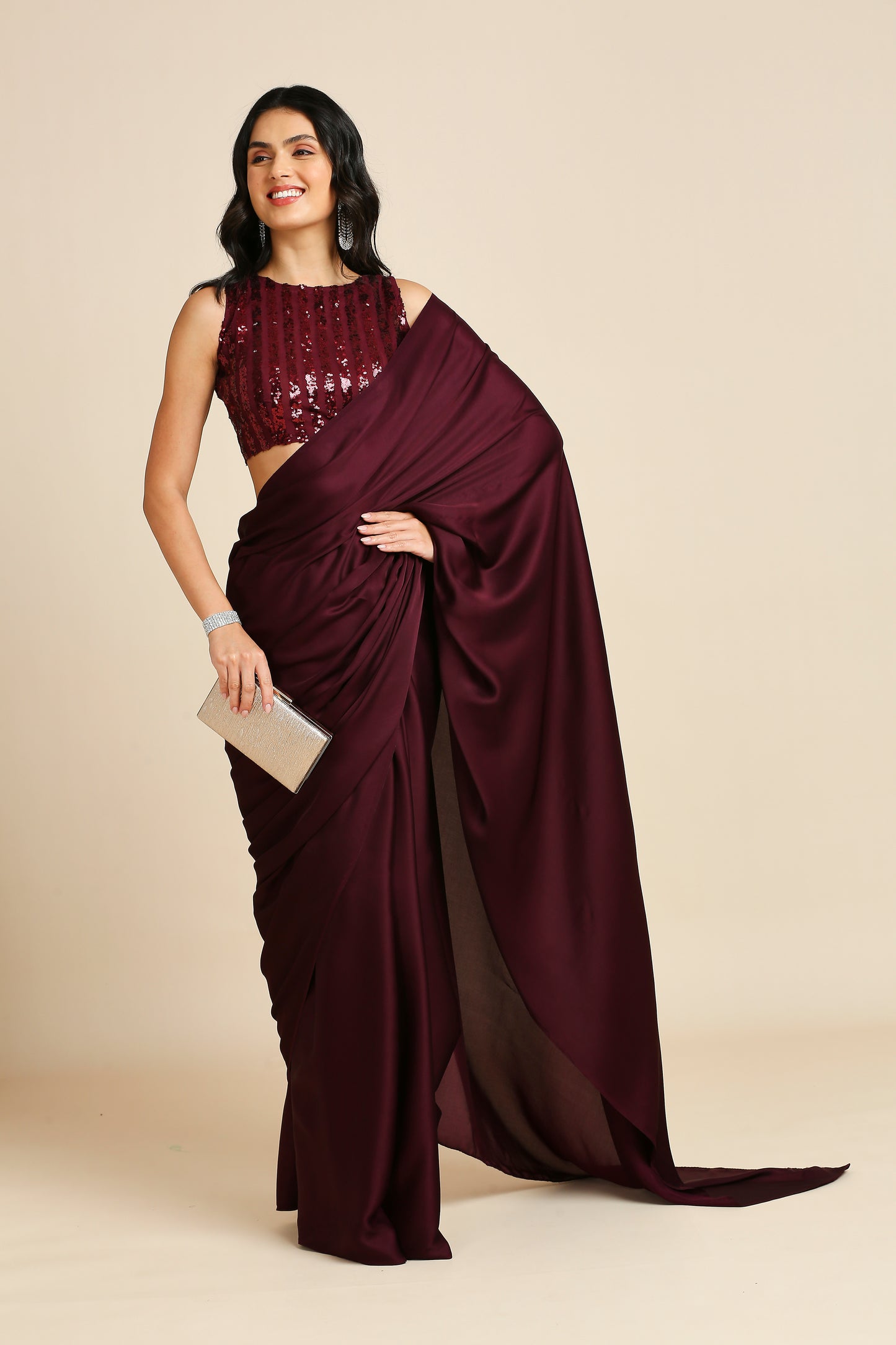 Party Wear Saree with Sequins Blouse-Green & Wine