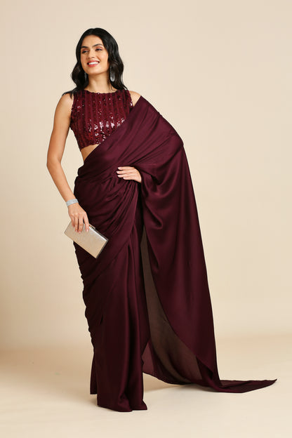 Party Wear Saree with Sequins Blouse-Green & Wine