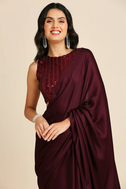 Party Wear Saree with Sequins Blouse-Green & Wine