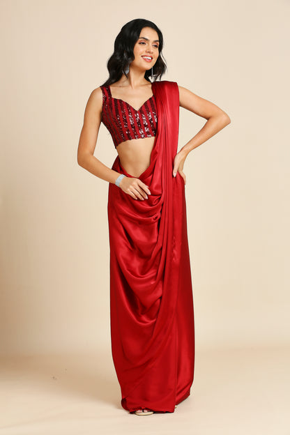 Party Wear Saree with Sequins Blouse-Red & Dark Blue