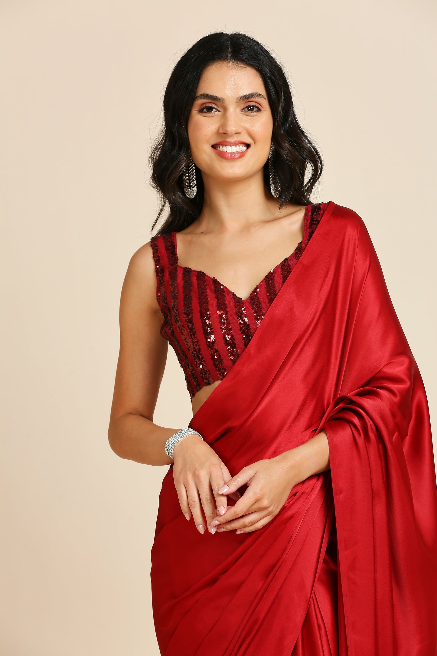 Party Wear Saree with Sequins Blouse-Red & Dark Blue