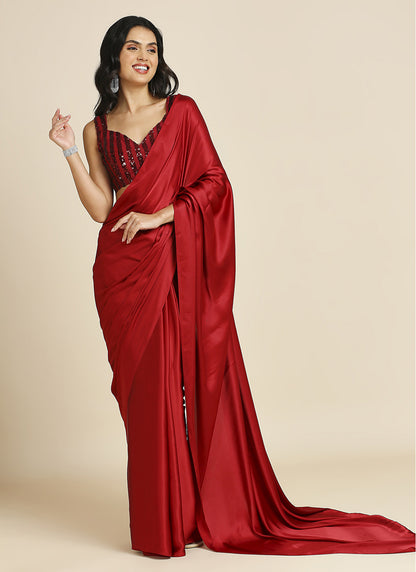 Party Wear Saree with Sequins Blouse-Red & Dark Blue