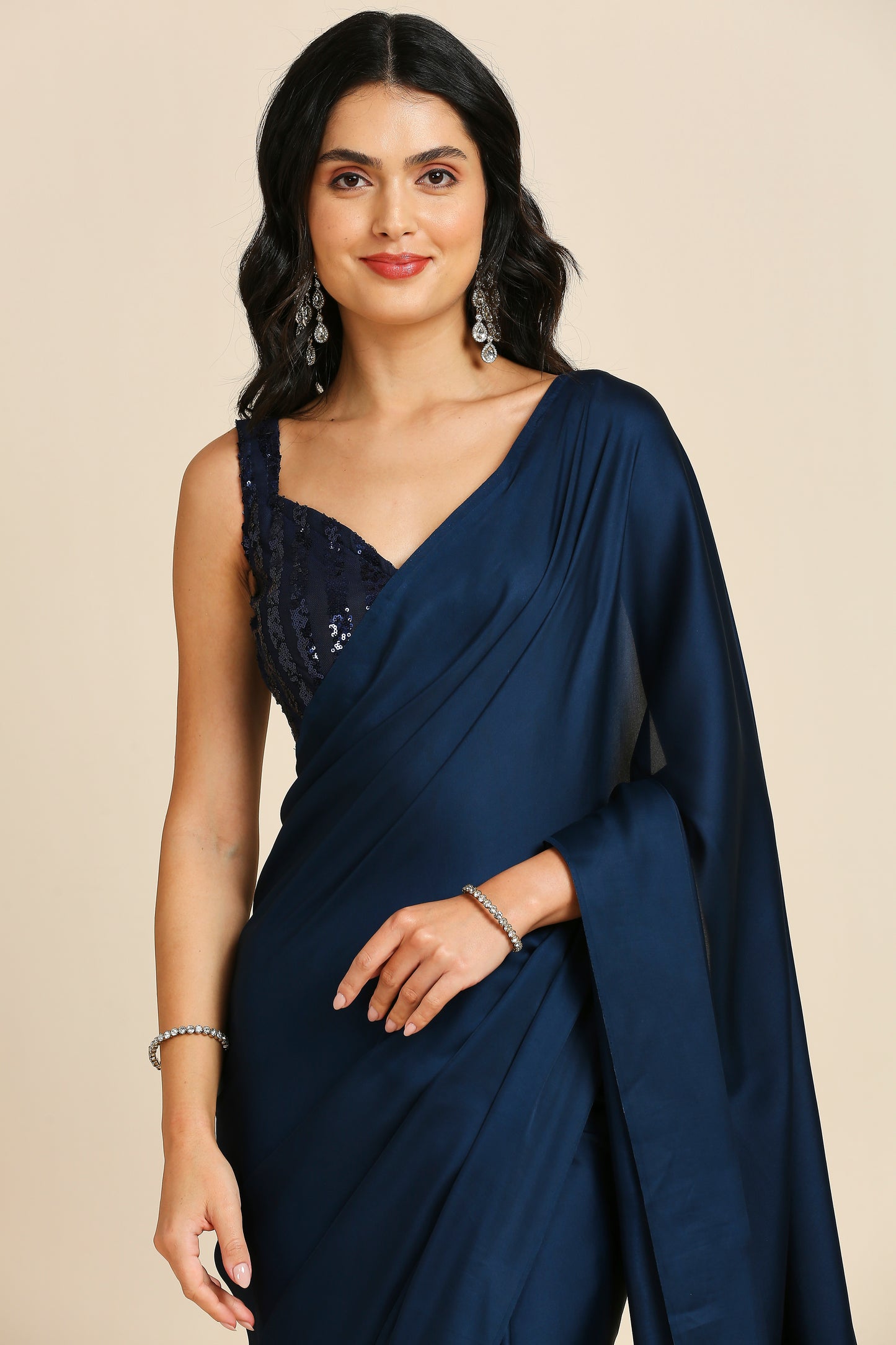 Party Wear Saree with Sequins Blouse-Red & Dark Blue