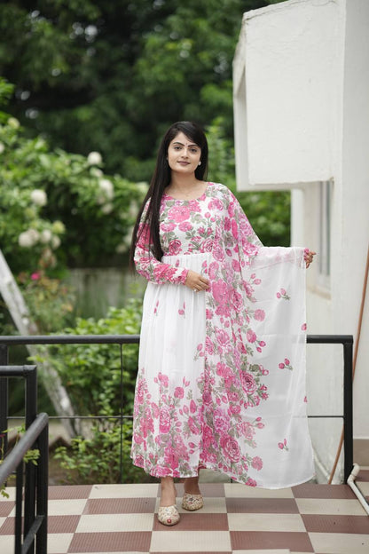 White Floral Digital Print Gown With Duppata