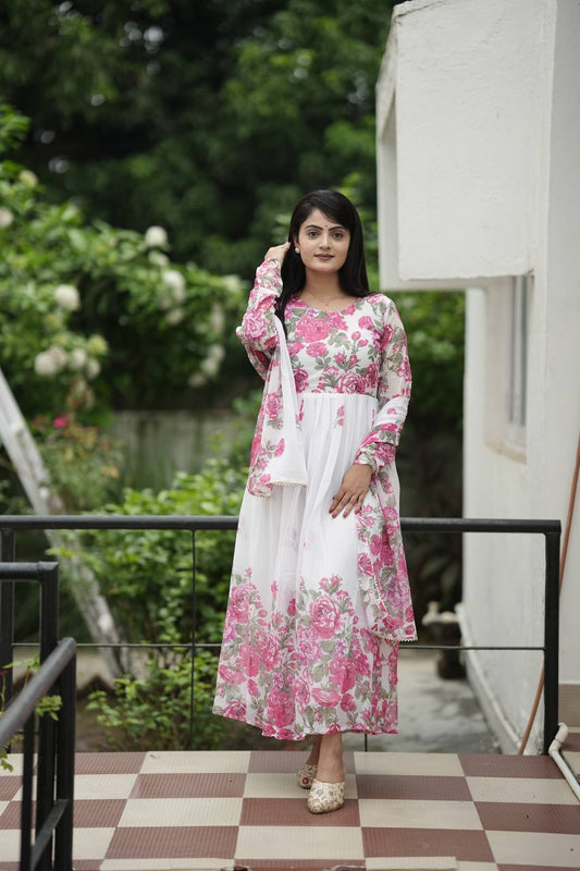 White Floral Digital Print Gown With Duppata