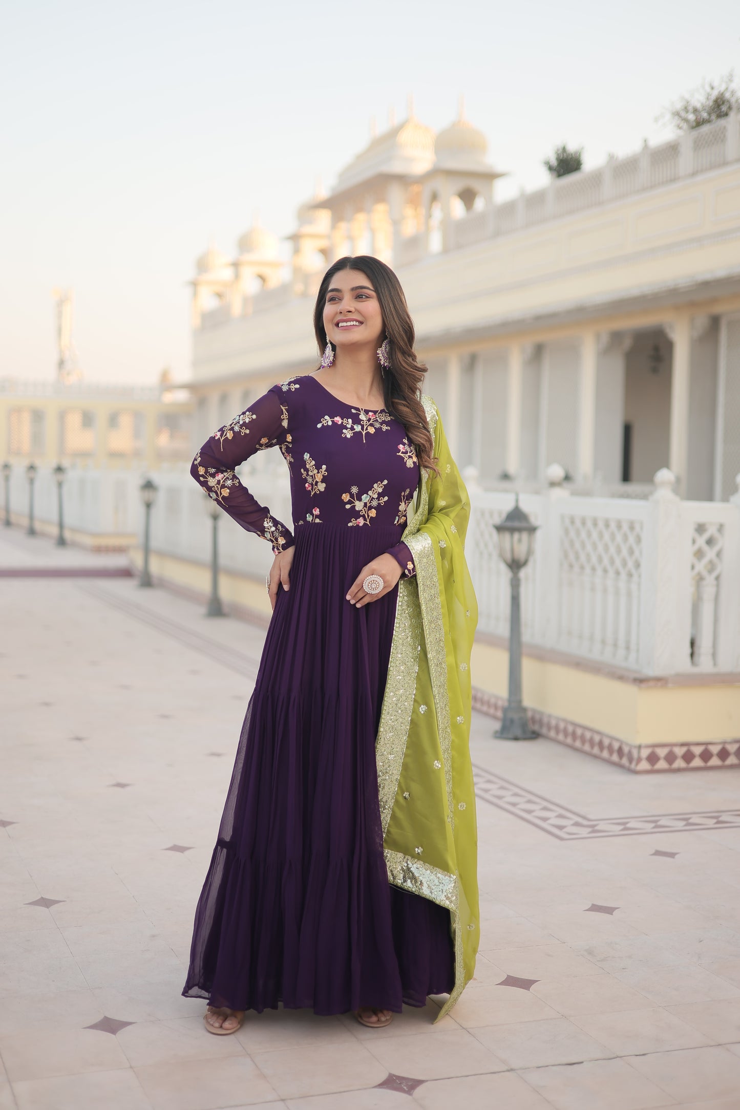 Russian Silk Embroidered Floral Designer Purple Gown with Dupatta