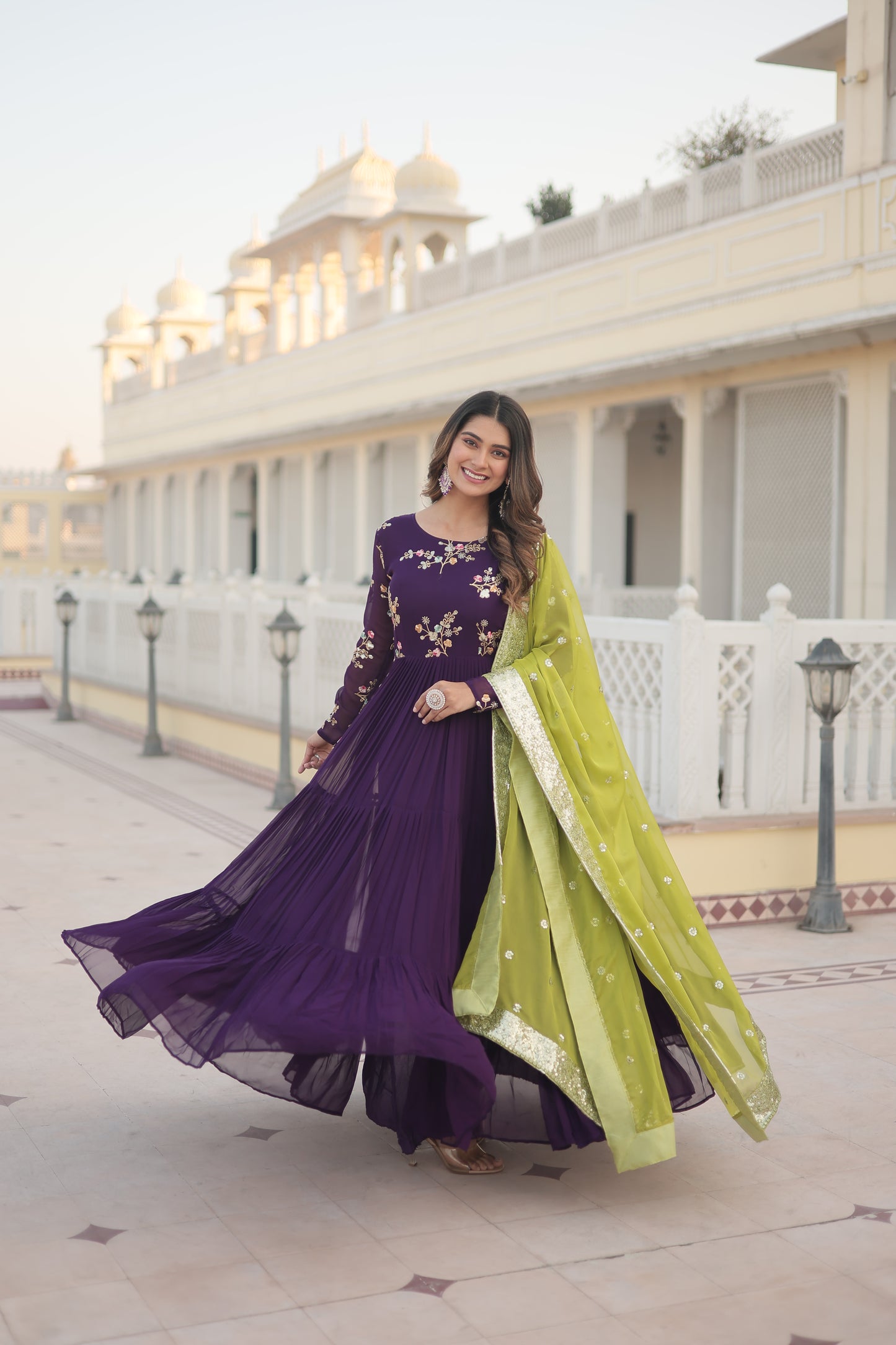 Russian Silk Embroidered Floral Designer Purple Gown with Dupatta