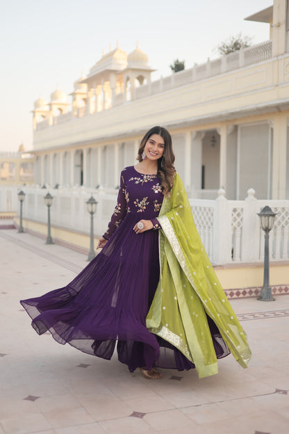 Russian Silk Embroidered Floral Designer Purple Gown with Dupatta