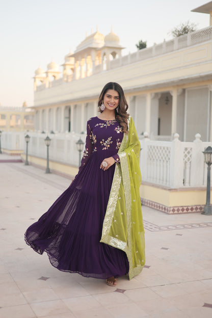 Russian Silk Embroidered Floral Designer Purple Gown with Dupatta