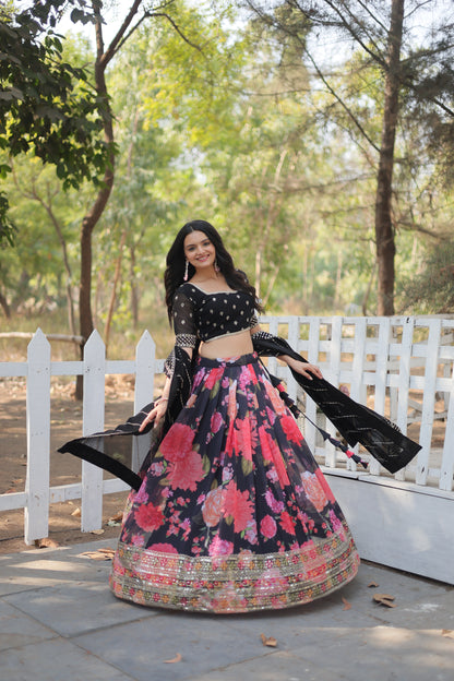 Black Sequins Lehenga Choli Flower Printed