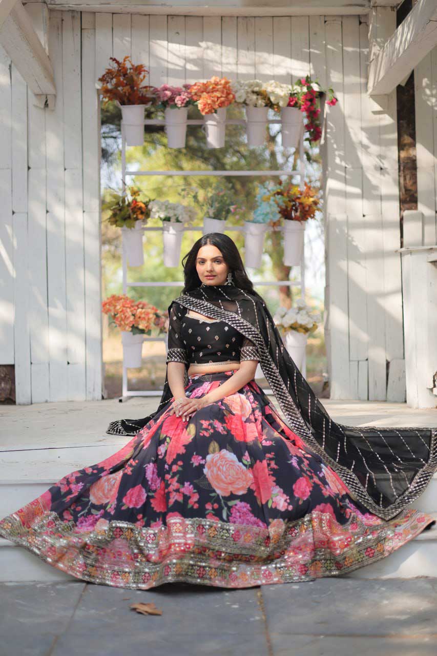 Black Sequins Lehenga Choli Flower Printed