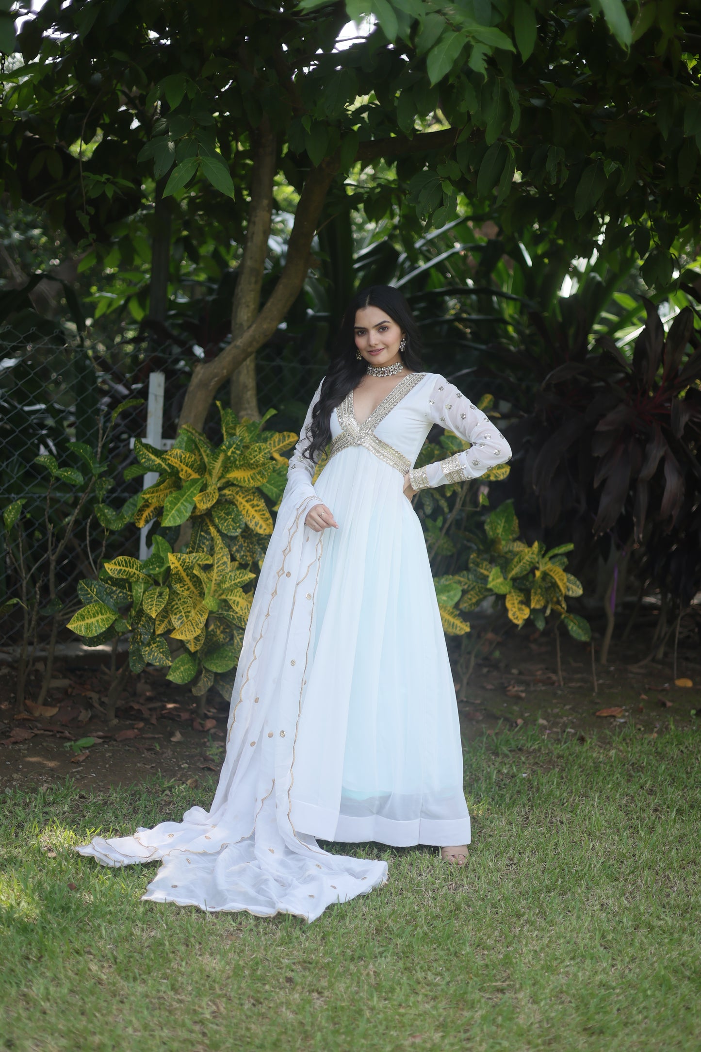 Incredible White Embroidered Georgette Event Wear Gown With Dupatta