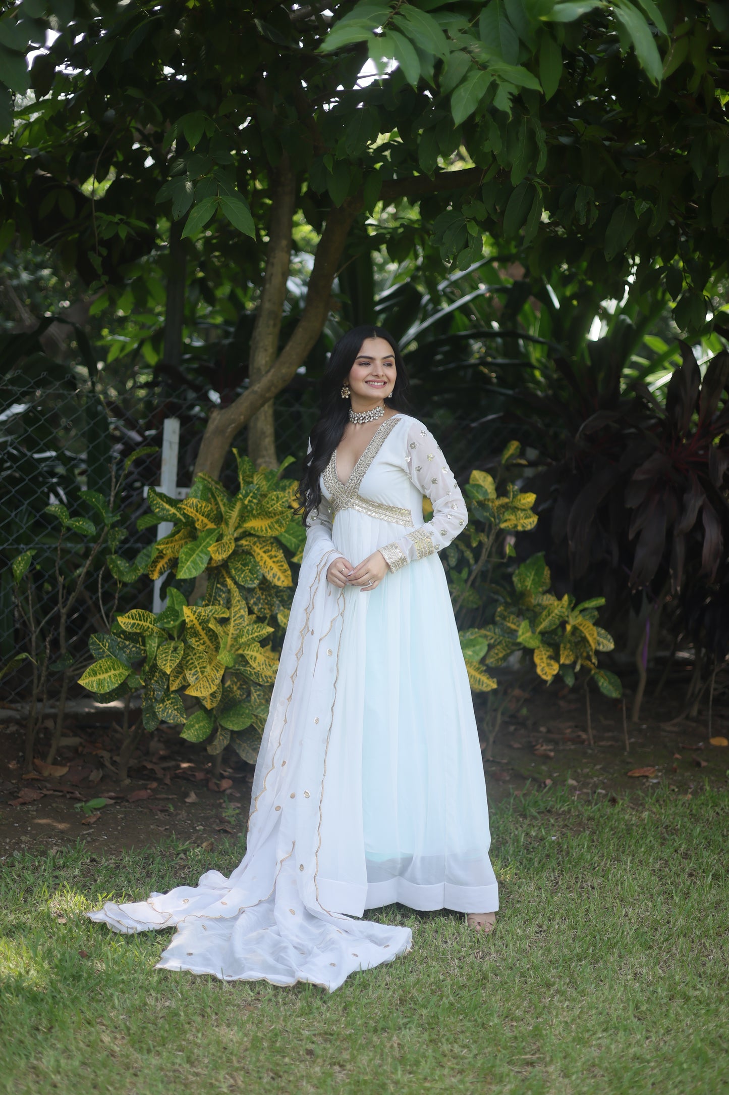 Incredible White Embroidered Georgette Event Wear Gown With Dupatta