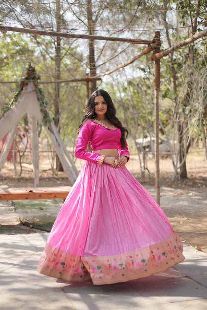 Pink Pure Dyable Jacquard Kalamkari Jari Border Work Lehenga Choli