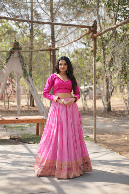 Pink Pure Dyable Jacquard Kalamkari Jari Border Work Lehenga Choli