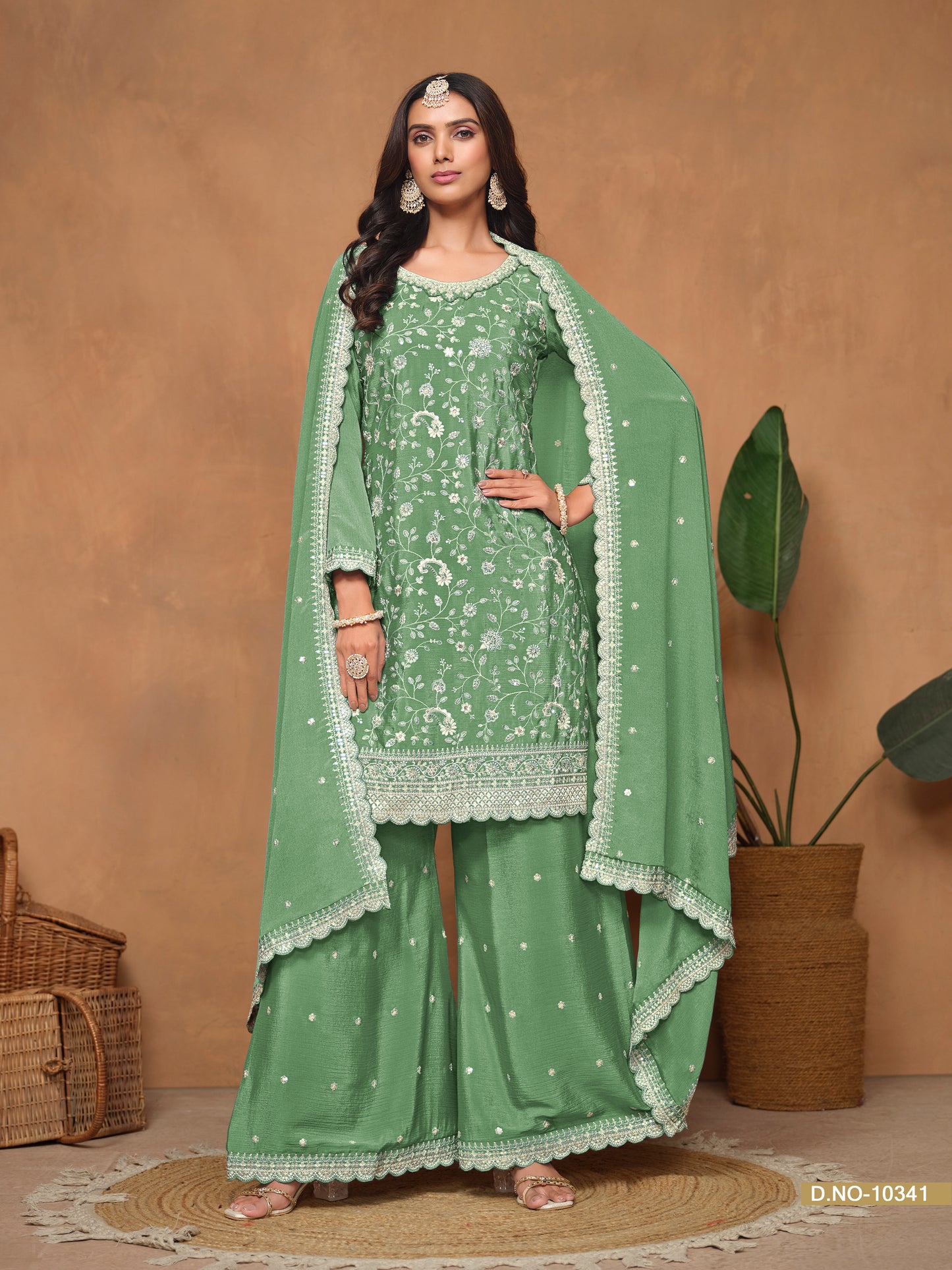 Green Chinnon Resham & Sequins Embroidered Palazzo Suit